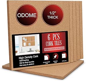 Cork Board Tiles 12”X 12” – 1/2” Thick Cork Board – Bulletin Board – Pin Board Decoration for Pictures,Ultra Strength Adhesive Backing – 6 Pieces Cork Boards for Walls – 1 Box Push Pins